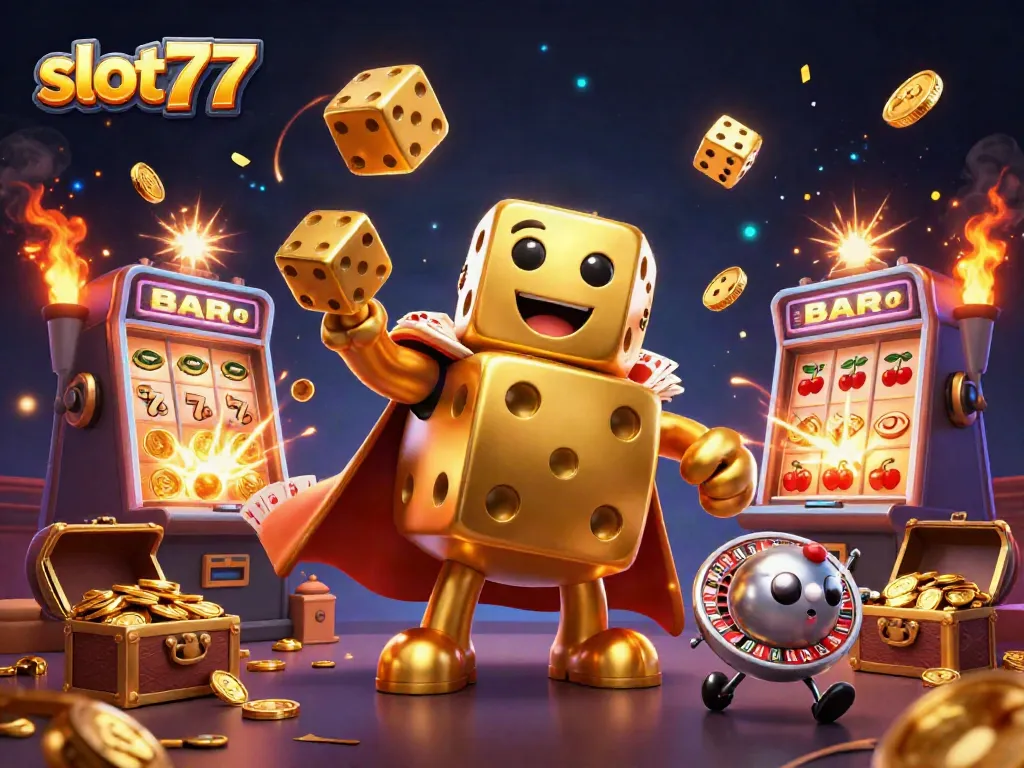 Permainan slot77 dengan jackpot terlihat jelas dari karakter 3D, simbol buah, dan koin yang berjatuhan.