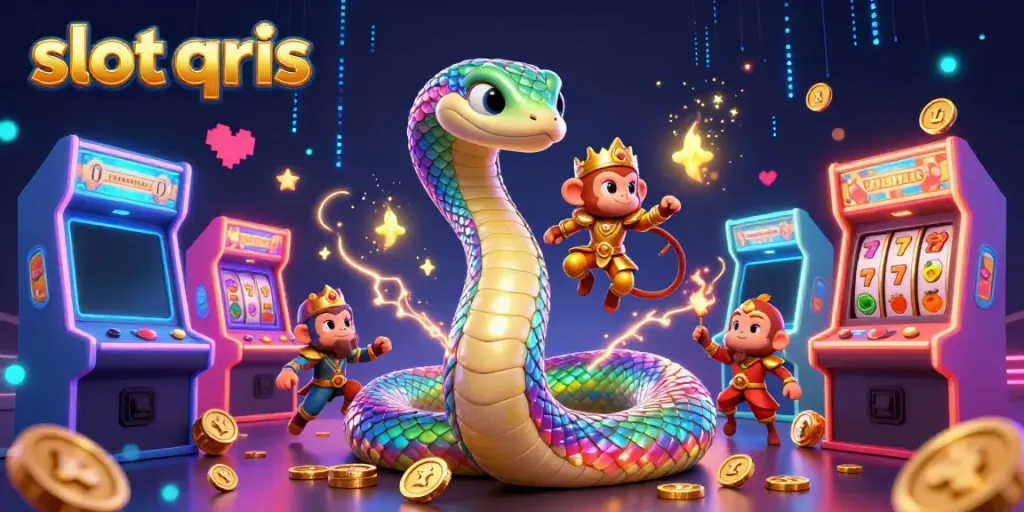Spin slot qris reels with a vibrant cartoon scene featuring a rainbow serpent and monkey king.