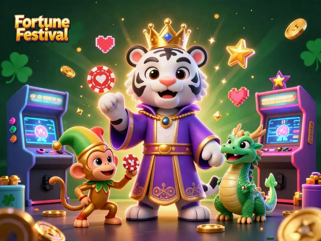 กำลังหมุนสล็อตที่ Fortune Festival พร้อมด้วยเสือขาวในชุดคลุมสีม่วงและลิงทอง