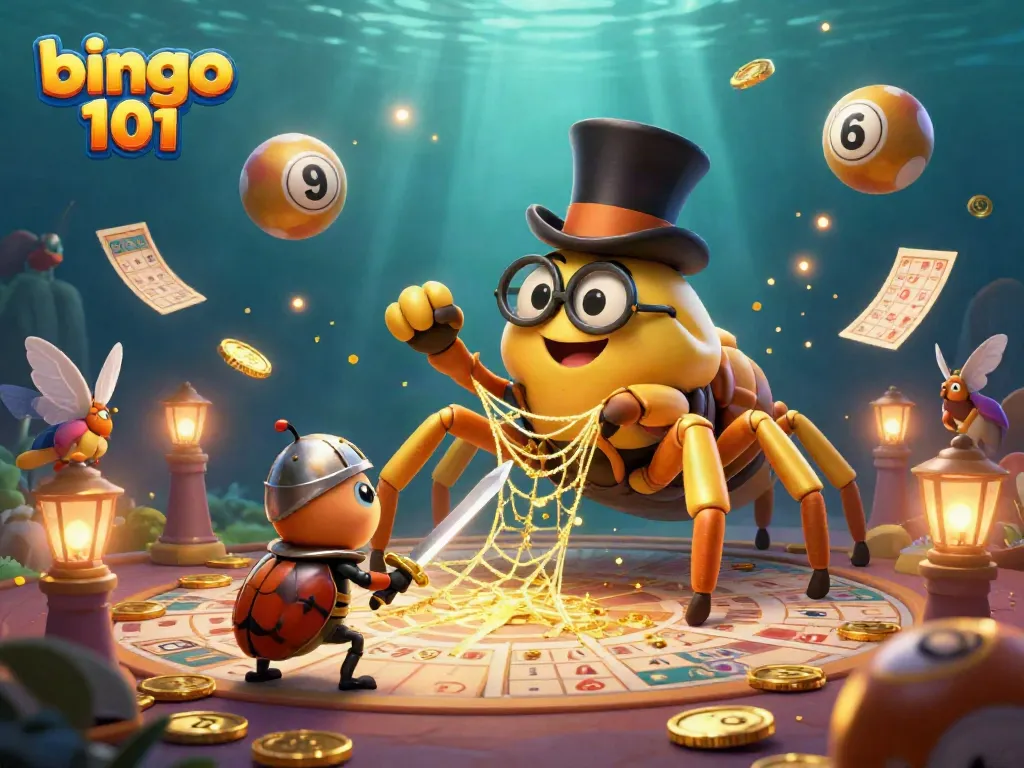 Bingo 101 showcases a dynamic bingo scene with a golden tarantula, beetle knight, and floating bingo balls.