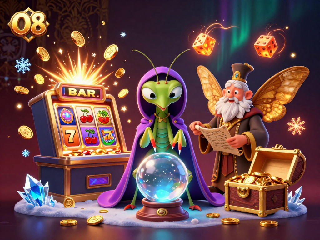 Experience the thrill of O8 with a vibrant 3D scene showcasing fortune tellers and exciting casino elements.