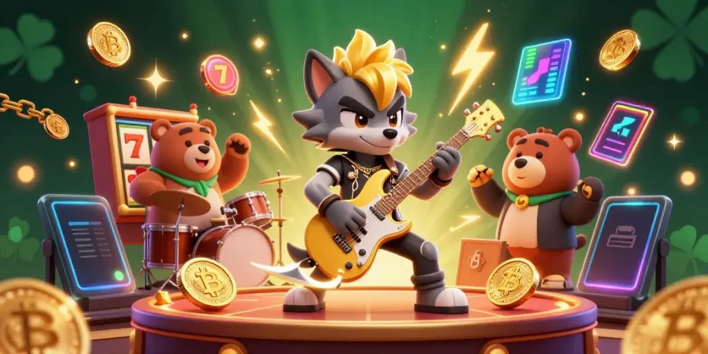 Spinning slot reels and jackpots with characters performing on stage in a vibrant casino.