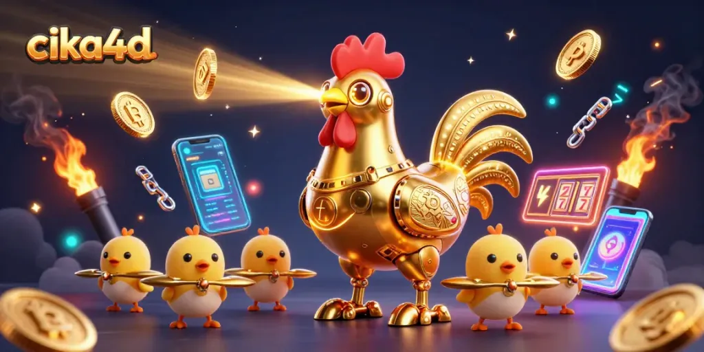 Cika4d showcases a vibrant 3D illustration of a golden rooster robot surrounded by slot symbols and cryptocurrency elements, perfect for online casino enthusiasts.