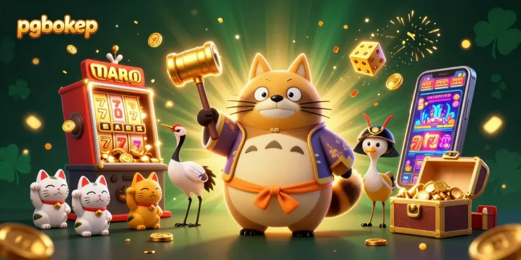 Spin and win big with pgbokep's vibrant casino-themed illustration featuring slot machines and lucky symbols.