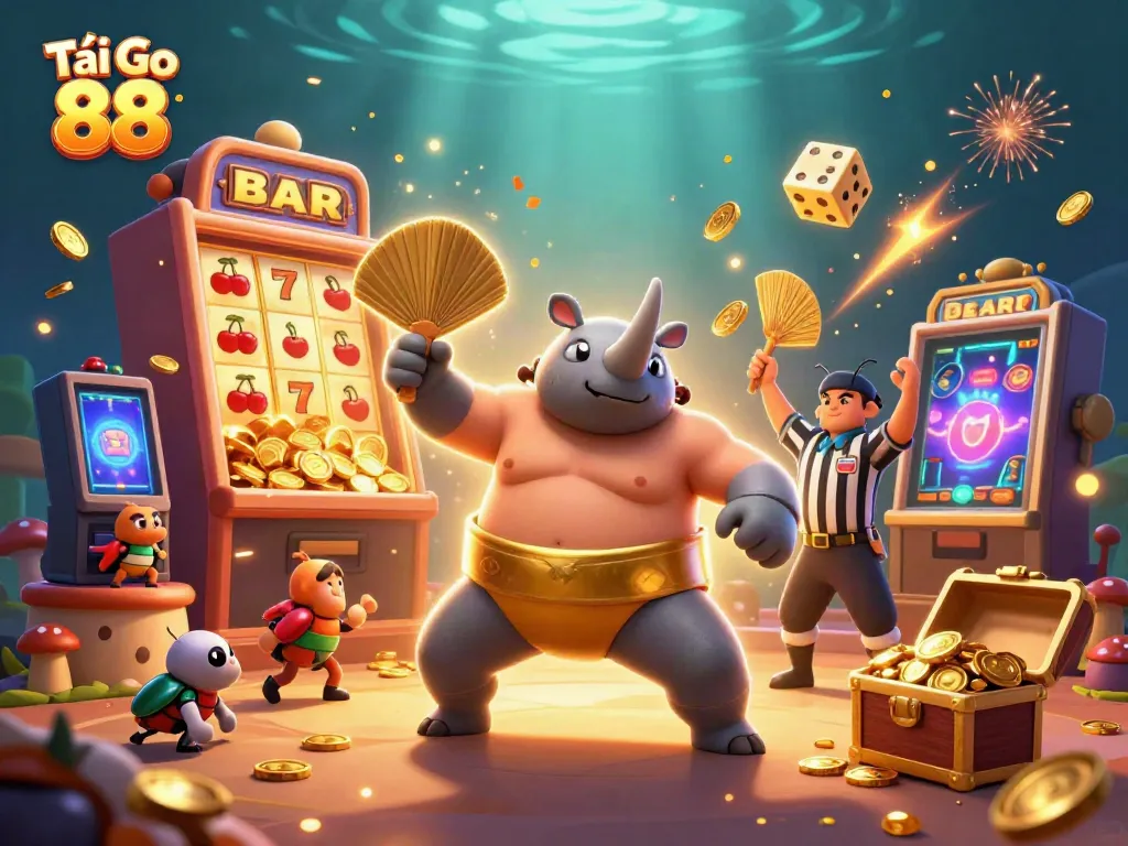 Tải Go 88 showcases a dynamic 3D scene where a beetle champion stomps gold coins amidst a vibrant casino environment.