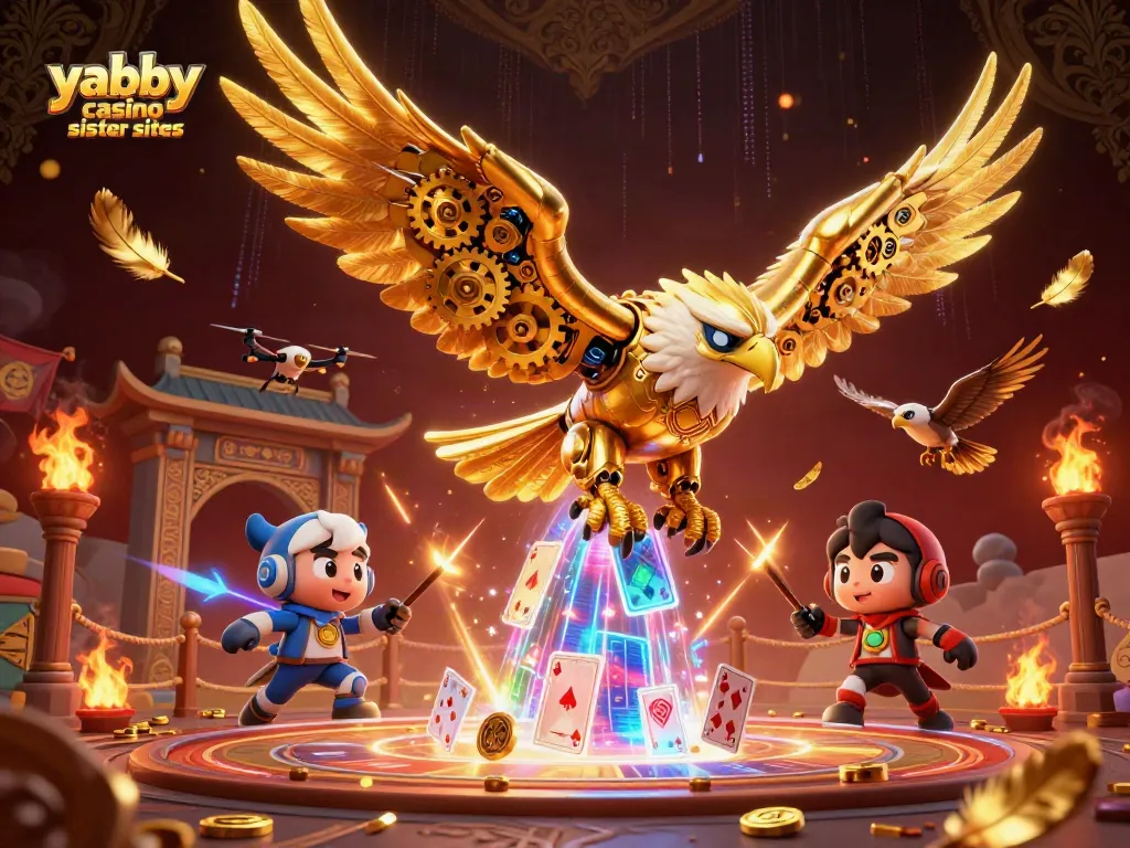 Experience thrilling action at yabby casino sister sites with cybernetic eagle diving through cards.
