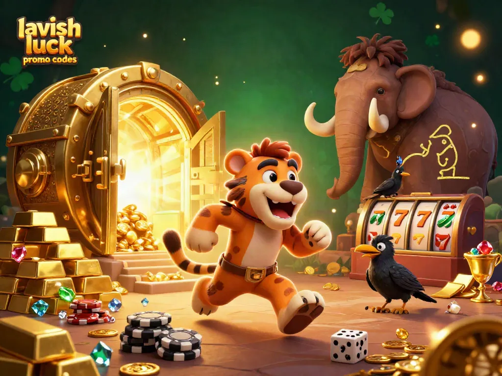 Engage with Lavish Luck promo codes featuring a dynamic prehistoric casino scene with vibrant treasures.