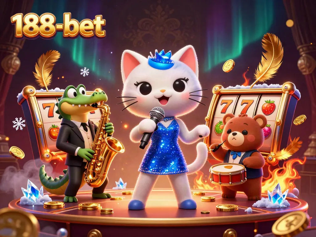 Experience thrilling casino excitement with 188-bet featuring a vibrant cartoon jazz singer, saxophonist, and drummer.