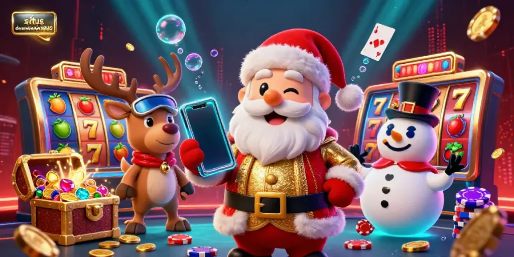 Visualisasi menarik dari situs dewataslot888 dengan Santa dan teman-teman bermain slot jackpot.