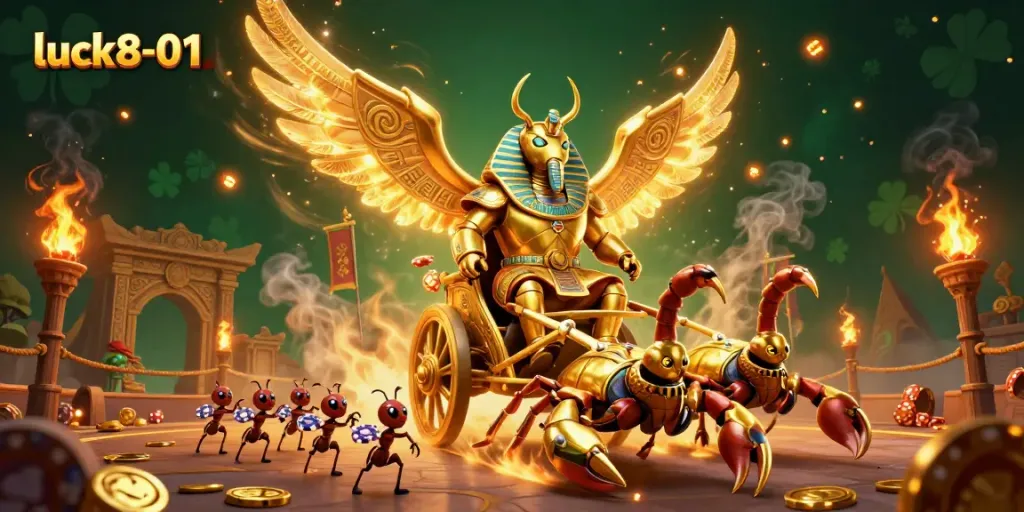 Experience luck8-01 with a vibrant 3D scene of a golden scarab and scorpions surrounded by casino elements.
