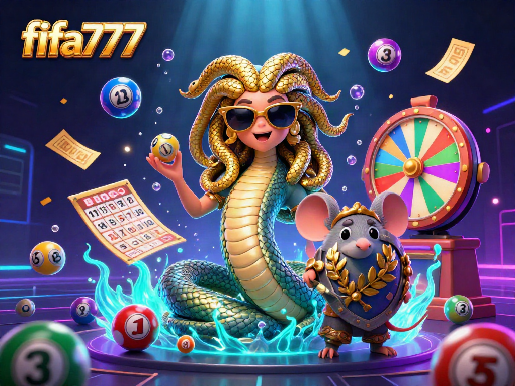Engage with fifa777 through a vibrant casino scene featuring a friendly Medusa and dynamic lottery elements.