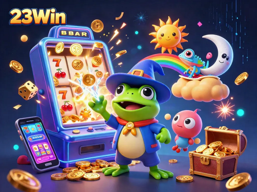 Win big at 23Win with this vibrant 3D casino illustration featuring exciting gaming elements