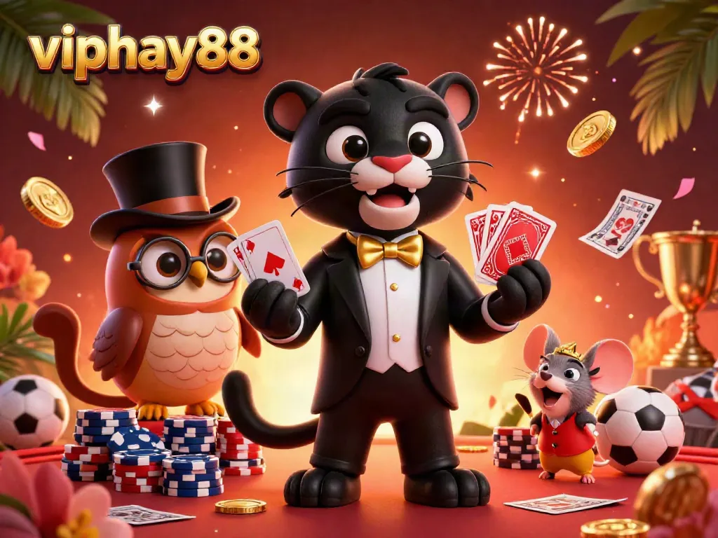 Experience thrilling sports action with viphay88 showcasing a stylish panther, owl, and lucky mouse amid festive gambling elements.