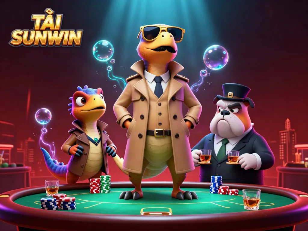 TẢI SUNWIN within a vibrant 3D scene featuring raptors entering a casino, surrounded by poker tables and colorful chips.