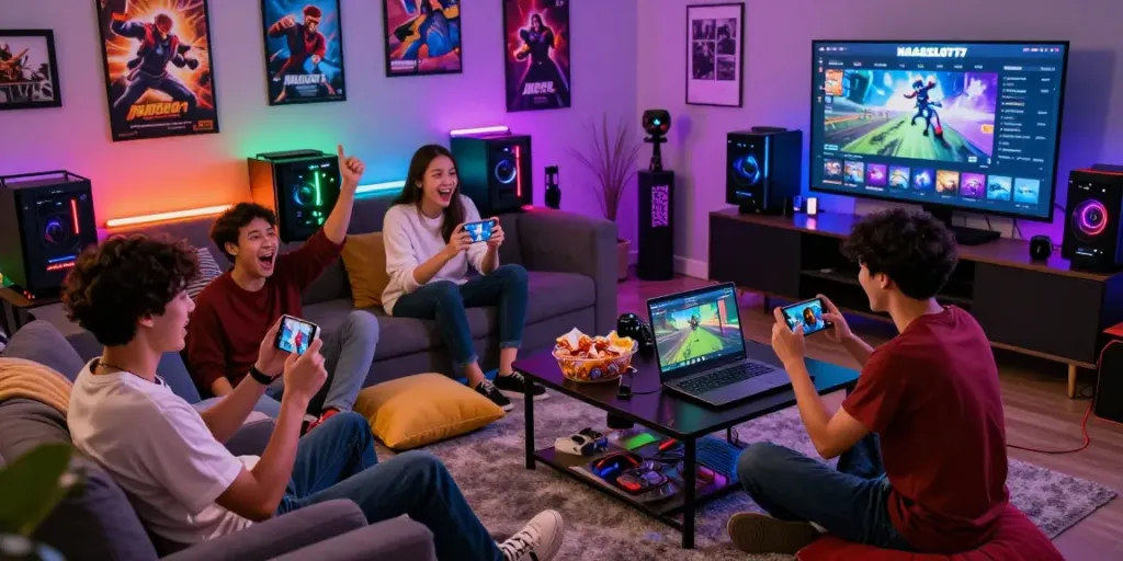 Teman-teman menikmati permainan online di NAGASLOT77 dalam suasana gamer yang ceria.