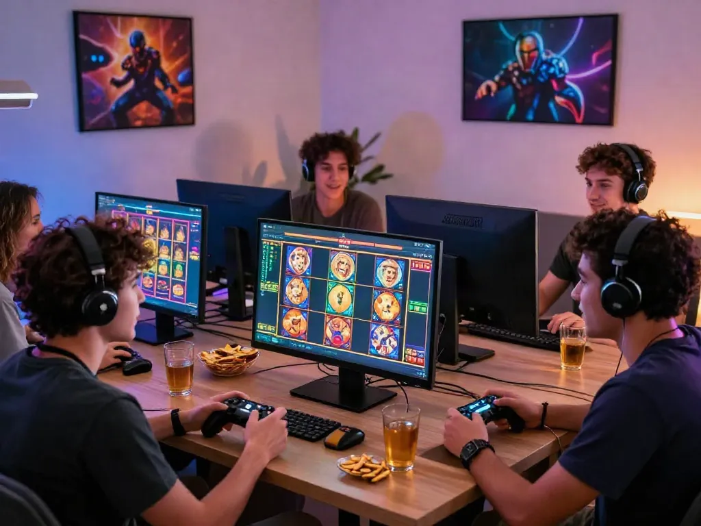 Engaged friends enjoying akunjp slot games in a lively gaming room.