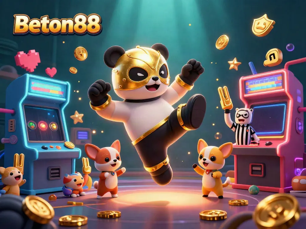 Beton88 menghadirkan aksi seru dengan panda pegulat melakukan tendangan, dikelilingi mesin slot berwarna-warni.