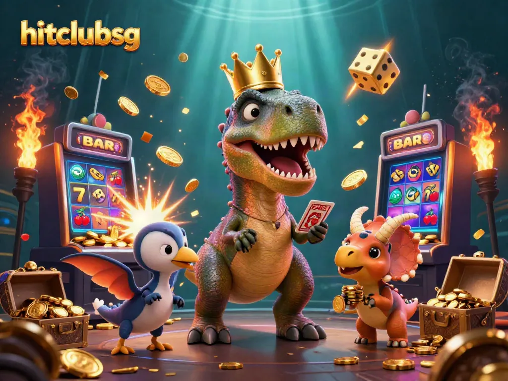Hitclubsg's vibrant casino scene with characters and a jackpot slot machine bursting with rewards.