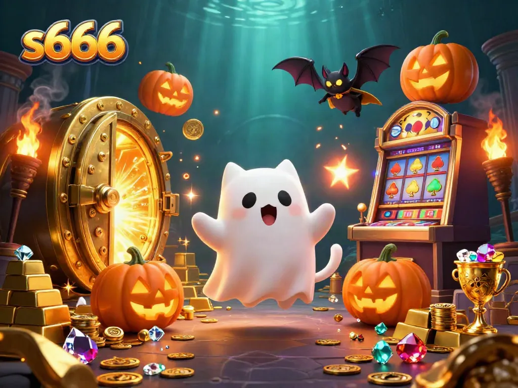Exciting s666 gaming scene featuring a ghost cat and treasure amidst casino elements.