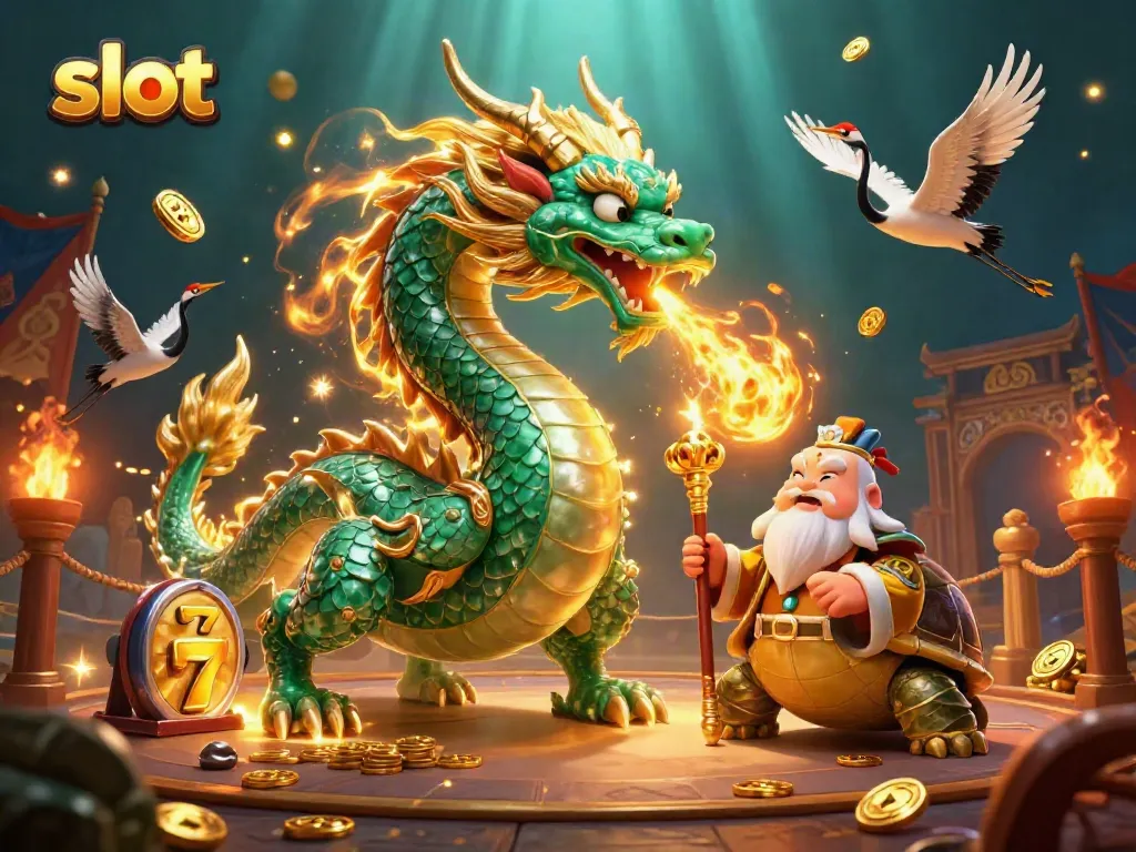 Experience the thrill of slots with a dragon, turtle sage, and lucky cranes in a dynamic casino illustration.