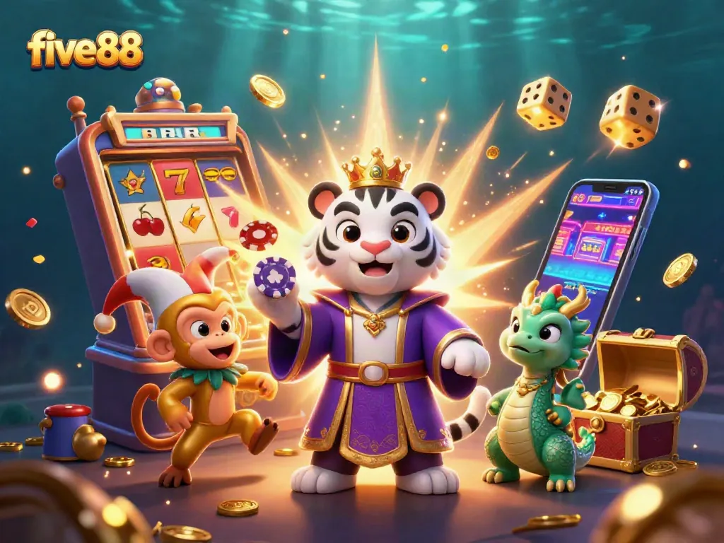 Win at five88 with a lively scene of a tiger, monkey, and dragon amidst casino games.