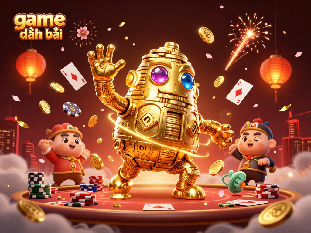 Experience thrilling game đánh bài action with a golden golem and poker elements in a vibrant casino scene.
