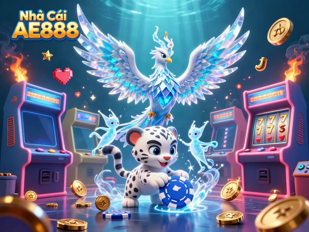 Experience the excitement of Nhà Cái AE888 with a vibrant 3D casino scene featuring immersive elements.