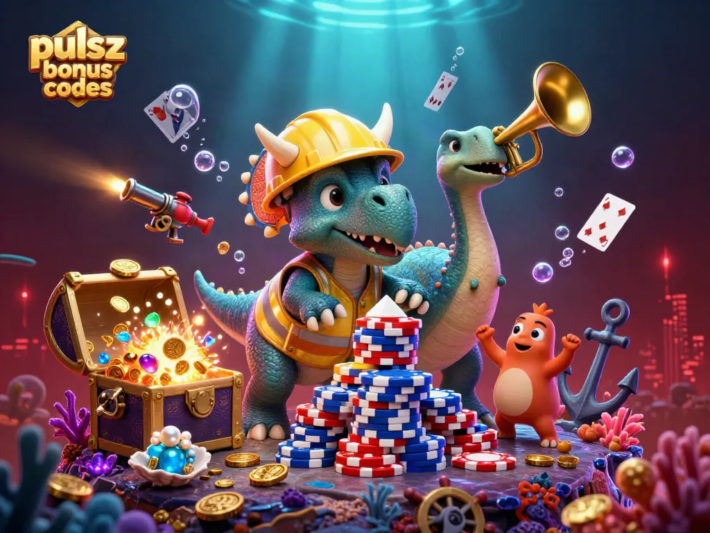 Pulsz bonus codes guide with a triceratops building poker chips, celebrating with gold coins around.