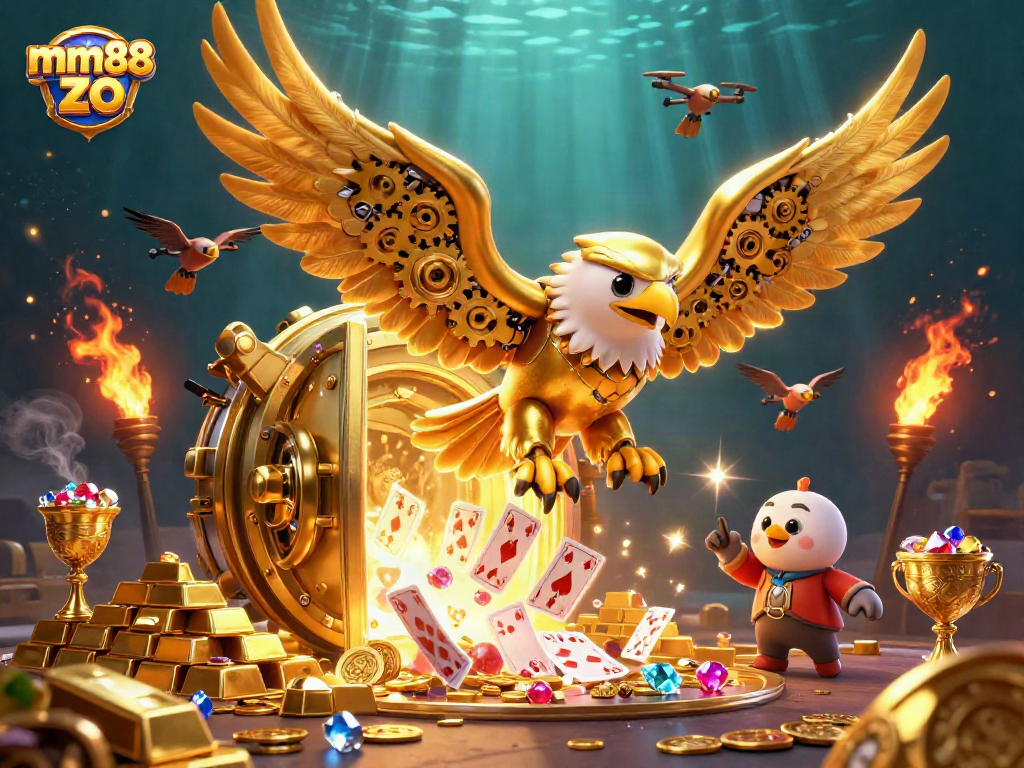 Engage in the thrilling world of mm88 zo with a dynamic 3D illustration of a golden eagle amidst holographic playing cards.