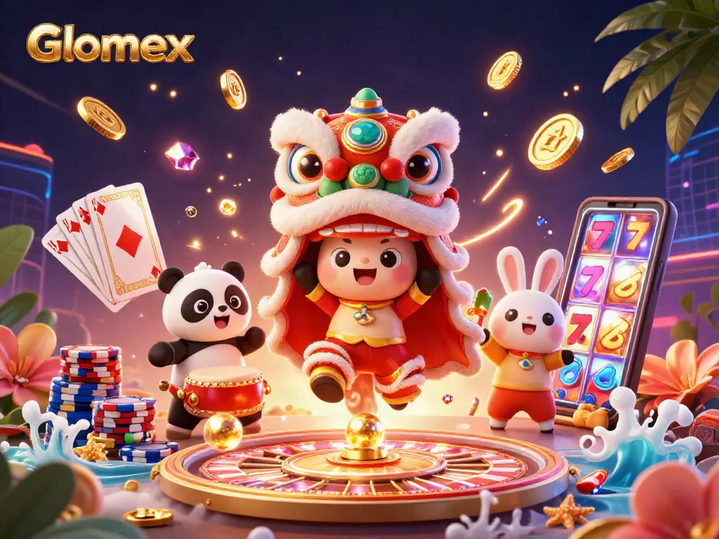 Glomex elevates gaming excitement with vibrant lion dance, golden coins, and thrilling casino elements.