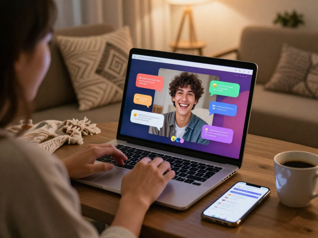 Engaging scene with a person enjoying a porn ai chat on a laptop, showcasing user-friendly interface and cozy atmosphere.