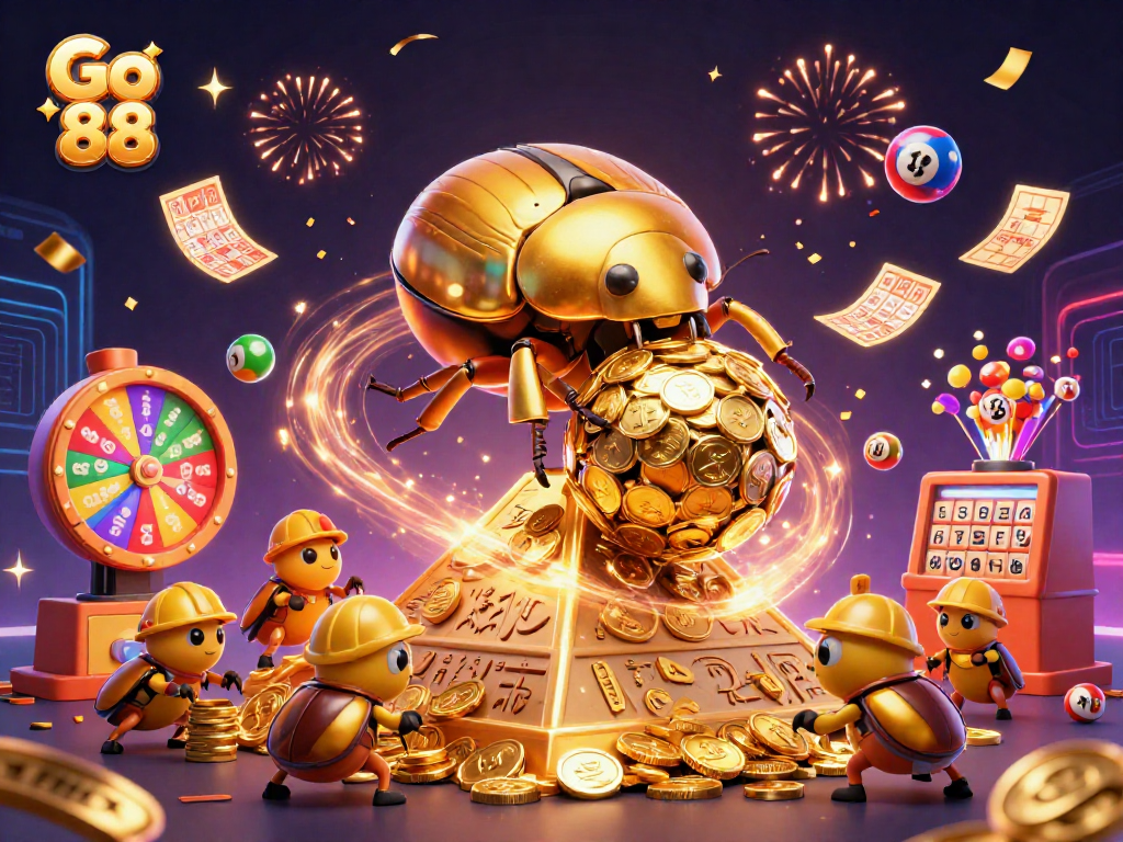 Engage in thrilling gameplay at Go 88 with dynamic golden beetles and casino symbols in a vibrant scene.