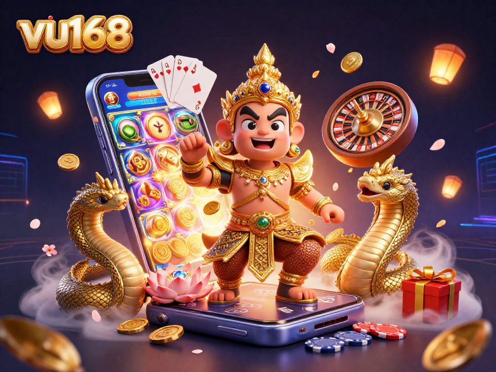 Engage with vu168's vibrant casino atmosphere, showcasing a thrilling slot gaming scene bursting with excitement.