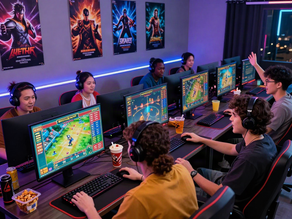 Eager friends engaging in a situs togel game at an illuminated gaming setup.