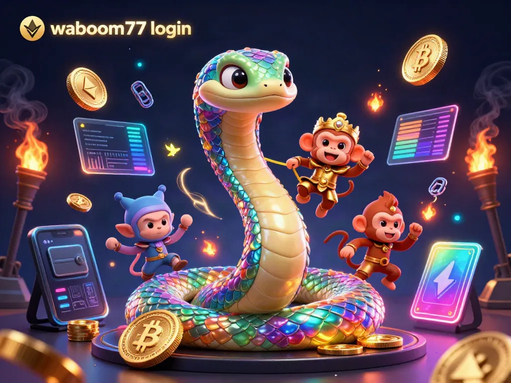 Engage with the waboom77 login scene featuring a vibrant rainbow serpent and crypto elements.