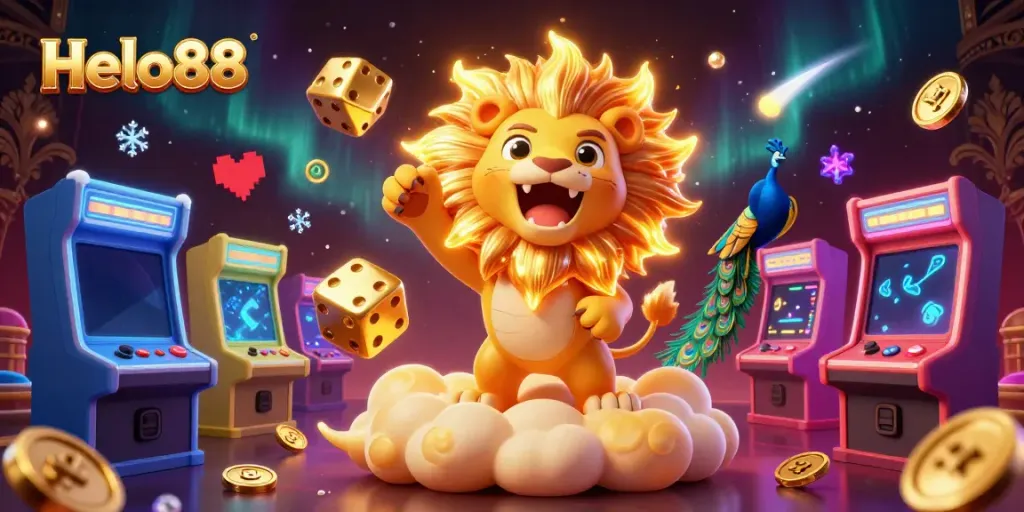 Engage in the thrilling experience at Helo88 with dynamic 3D casino elements surrounding the roaring sun lion.