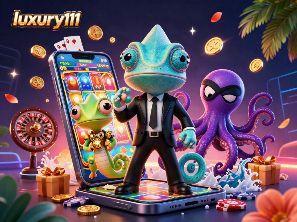 Experience luxury111 in a vibrant 3D casino world with cartoon characters and thrilling game elements