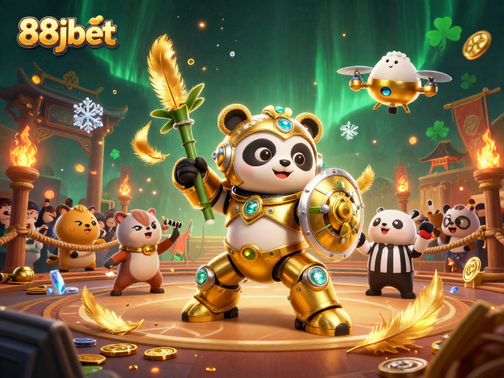 88jbet showcases an exciting mech-suit panda in a vibrant casino arena filled with cheering spectators.
