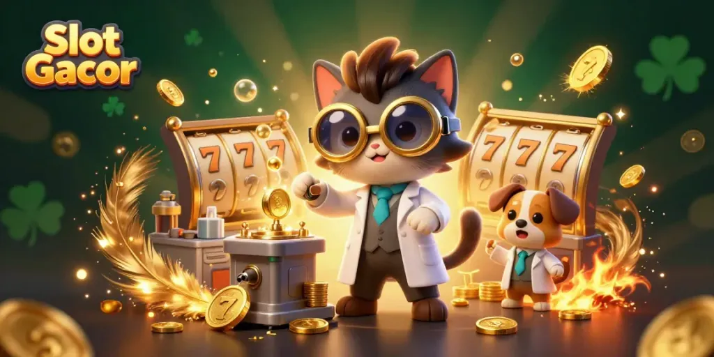 Experience the thrill of Slot Gacor with a vibrant 3D scene featuring a mad scientist cat and loyal dog creating gold coins.