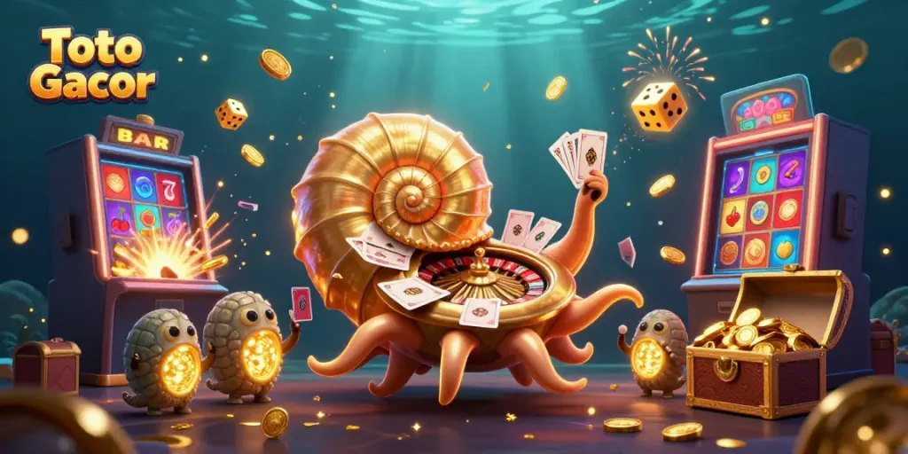 Mengguncang jackpot di Toto Slot Gacor dengan nautilus raksasa dan mesin slot berlimpah koin.