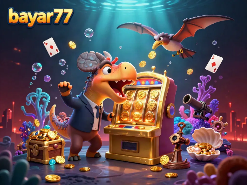 Experience excitement with bayar77 as colorful coins rain down in this vibrant casino scene.