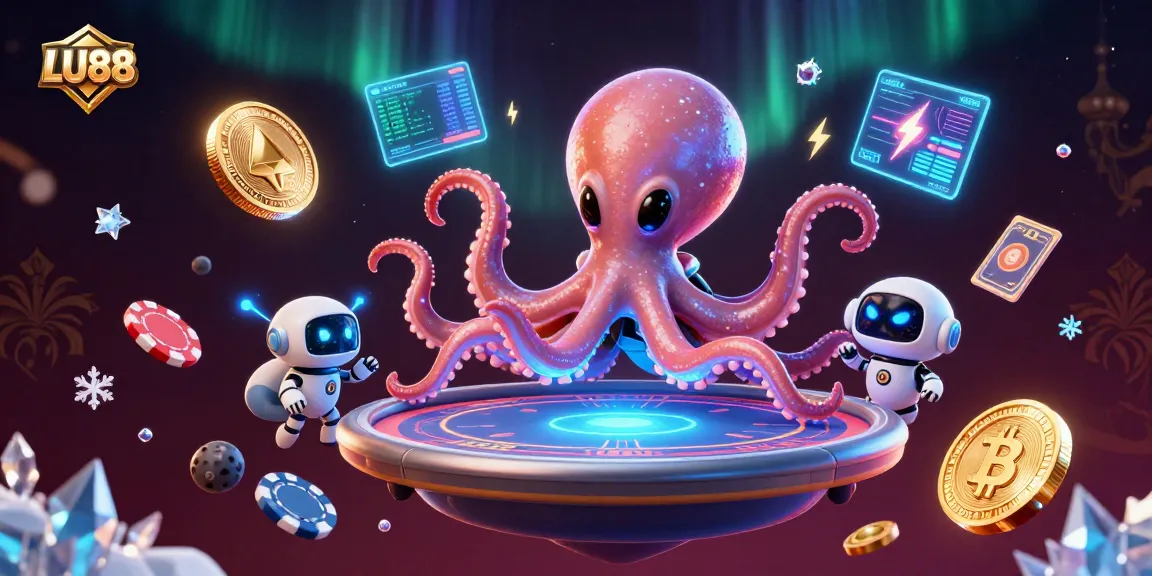 LU88 showcases a vibrant alien octopus at a poker table, surrounded by crypto elements.