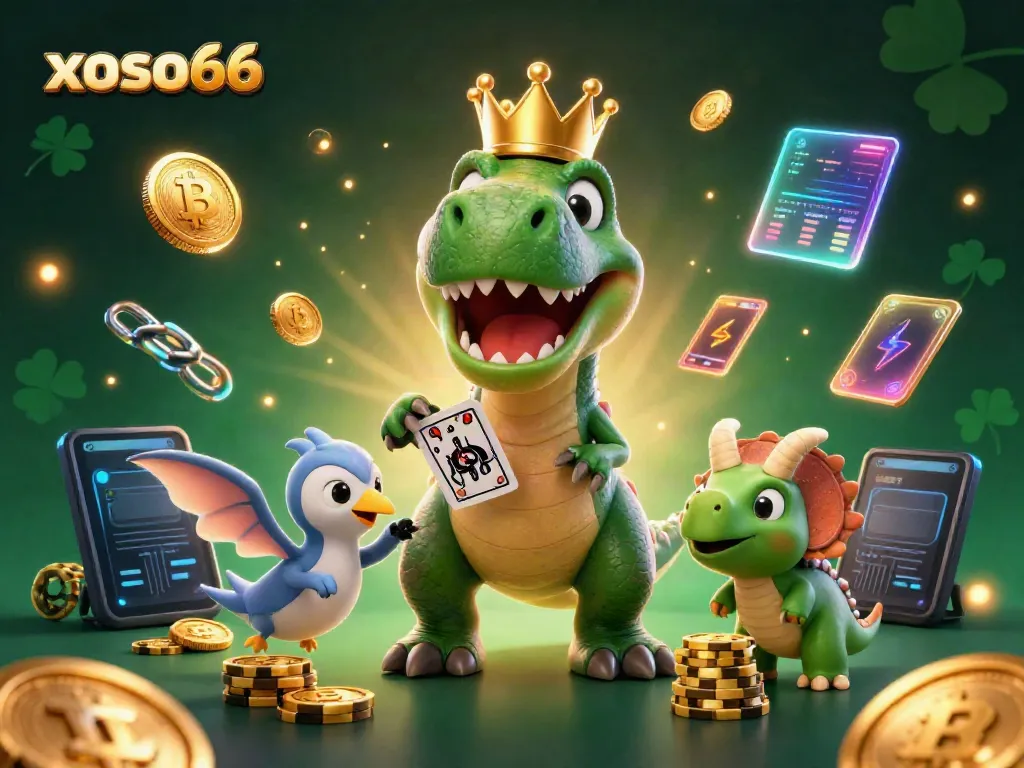 Engaging xoso66 gaming scene with T-Rex shuffling cards, pterodactyl holding cards, and triceratops stacking chips