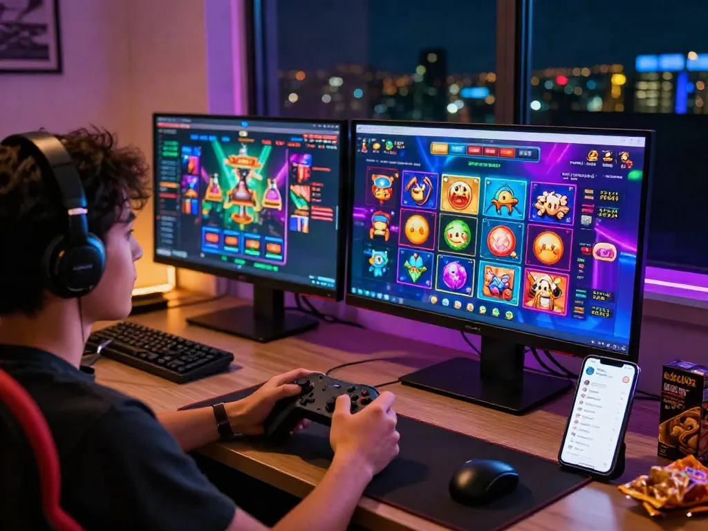 Player engaged in slot resmi gaming with dual monitors displaying vibrant game graphics in a modern gaming setup.