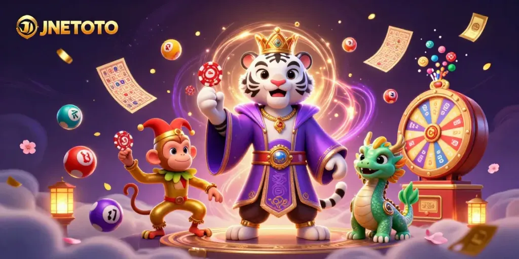 Engage with the world of JNETOTO through a vibrant 3D casino scene showcasing excitement and entertainment.