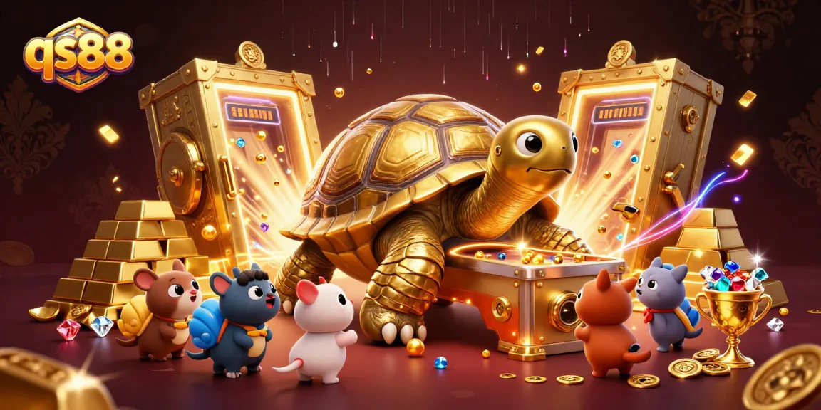 Engage with qs88's vibrant casino scene featuring cartoon tortoises and treasure.
