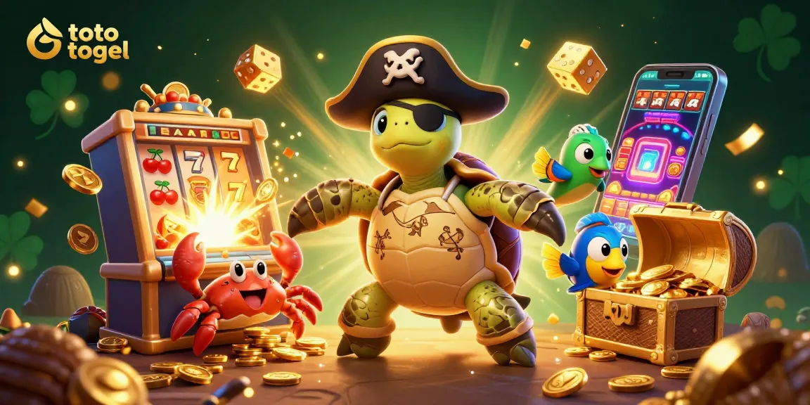 Toto togel gaming scene with pirate turtle, golden crab, and parrotfish above a jackpot slot machine explosion