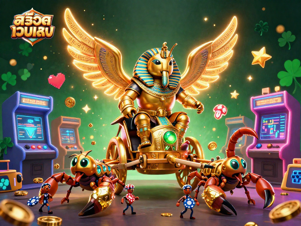 Play สล็อตเว็บตรง with excitement as a golden scarab leads a vibrant casino adventure.