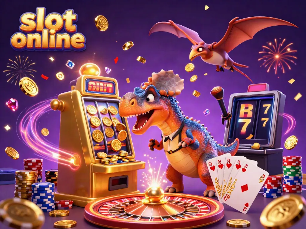 Jackpot di slot online dengan dinosaurus dan koin emas yang berserakan.