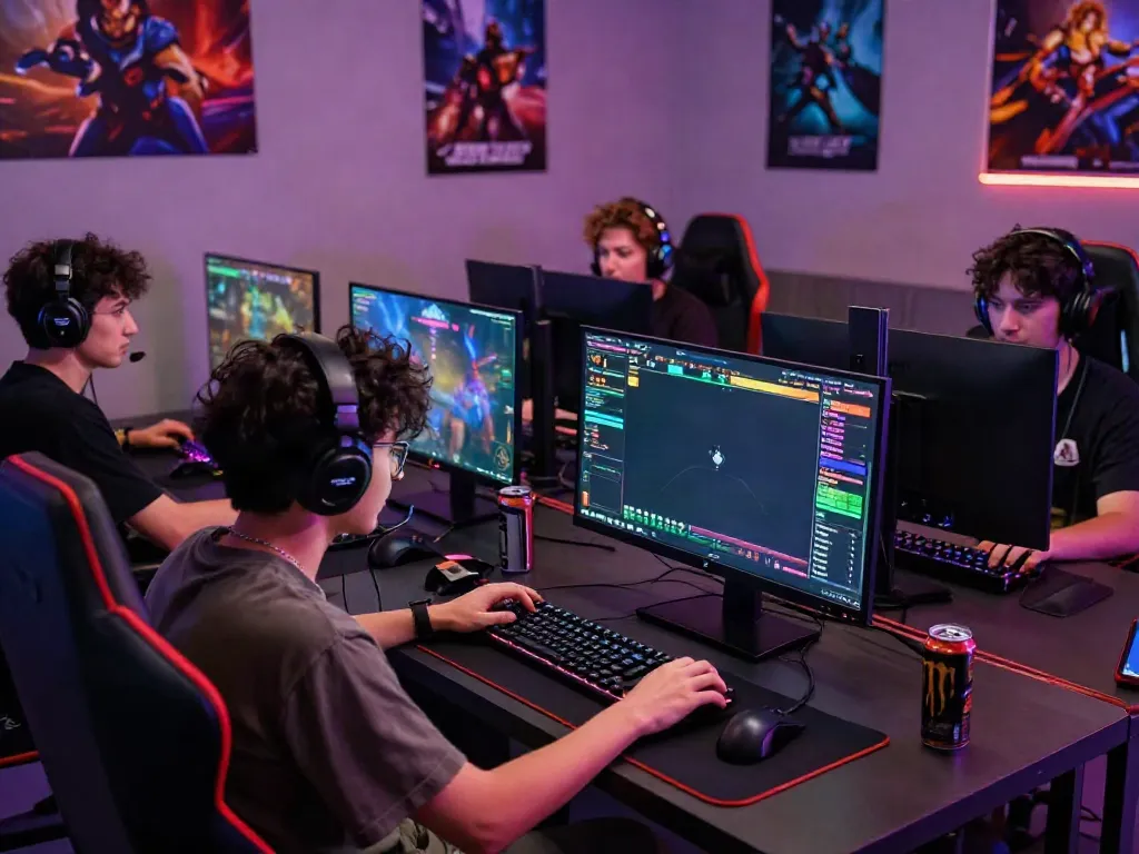 Engaging online gaming scene with diverse gamers using advanced technology and vibrant game displays, showcasing qqmacan platform.